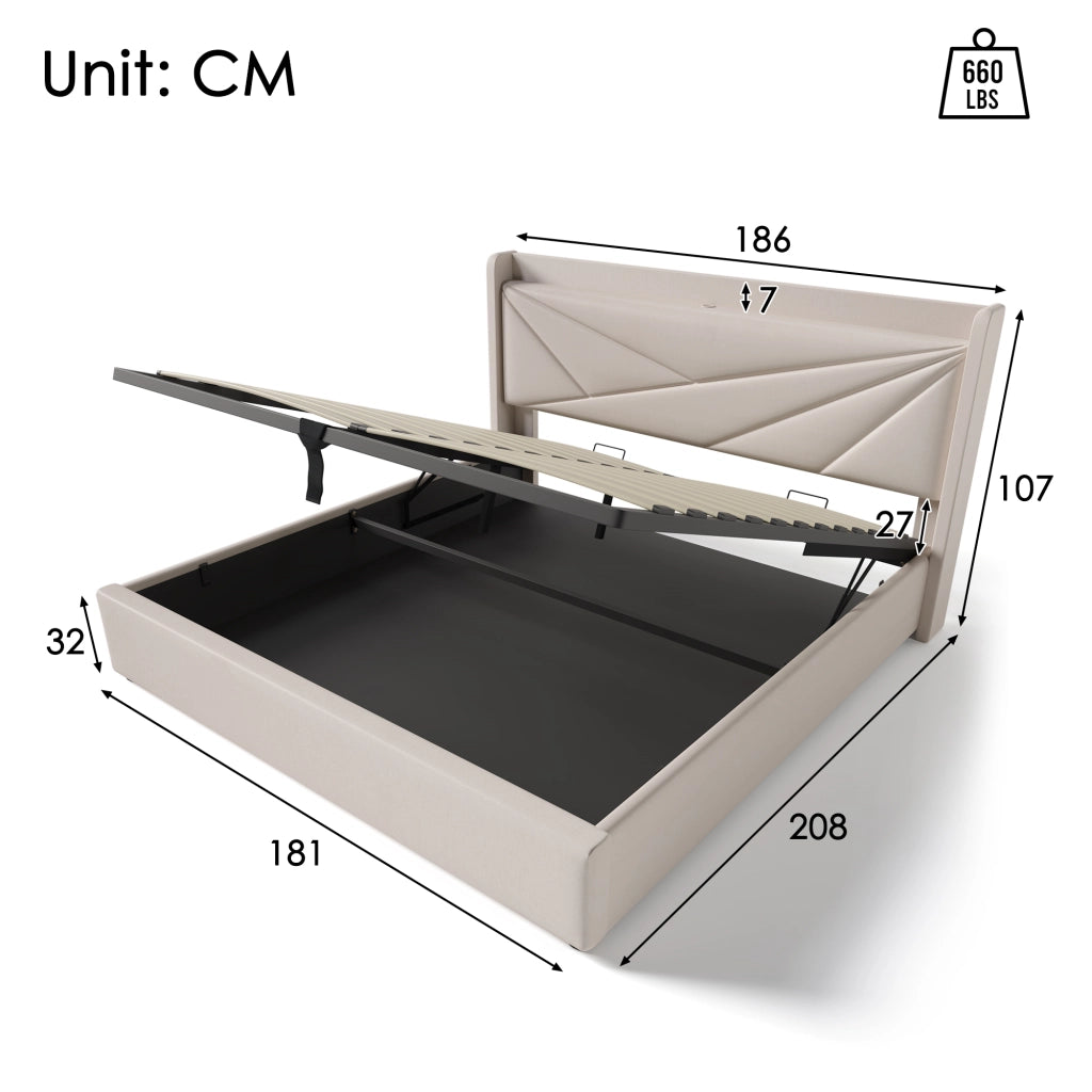 Letti contenitori 180x200 cm con testiera USB e Type-C; cotone lino beige (Senza materasso)