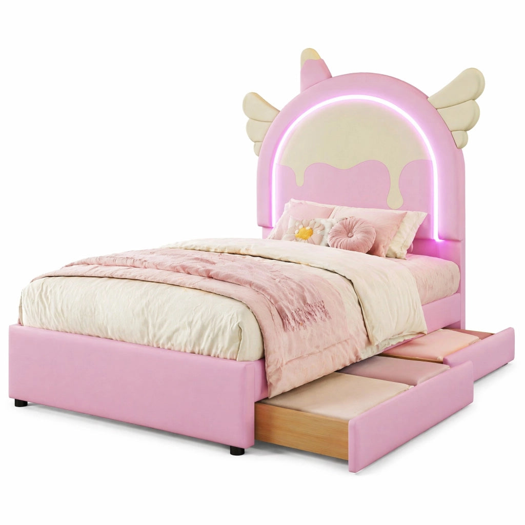 Letto imbottito rosa con leuchtleiste e 2 cassetti, 90 x 200 cm