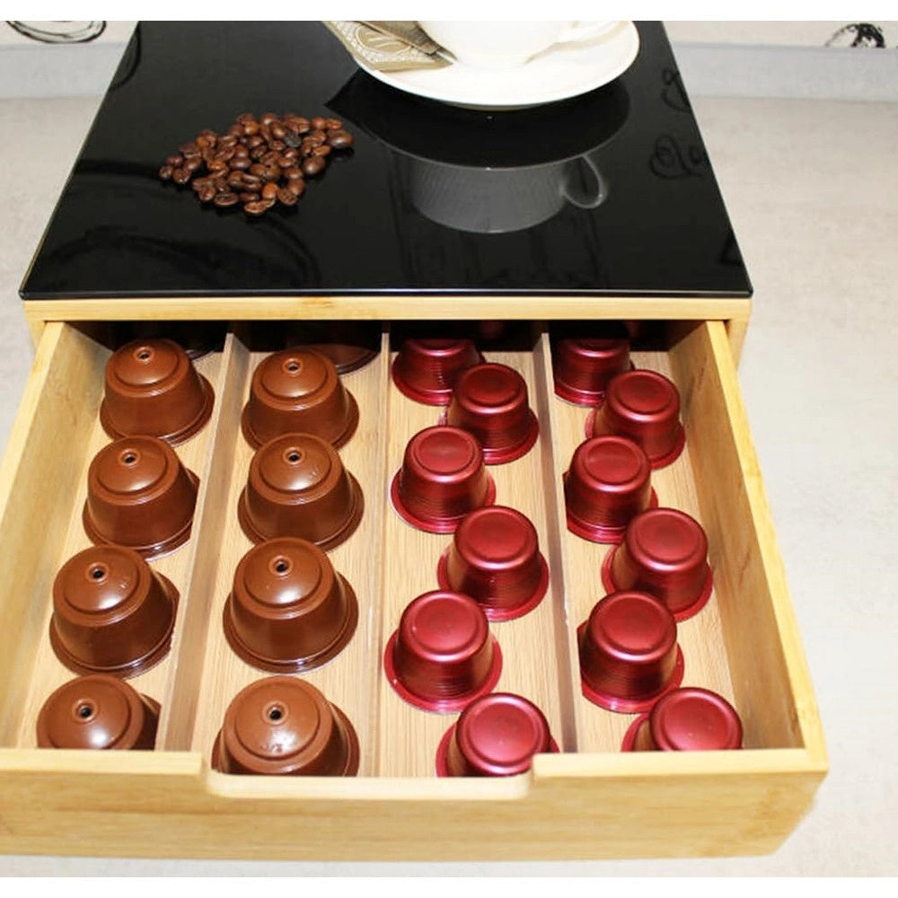 Trade Shop - Portacapsule Bambù Con Cassetto 4 Scomparti Organizzatore Capsule Cialde Caffè Tisane Tè -