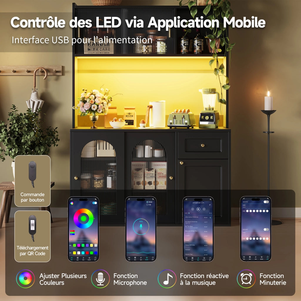 OKWISH Madia Alta Vetrina con Ante Scorrevoli in Vetro e Ripiani Regolabili, LED, per Cucina, Nero, 120×35×167 cm