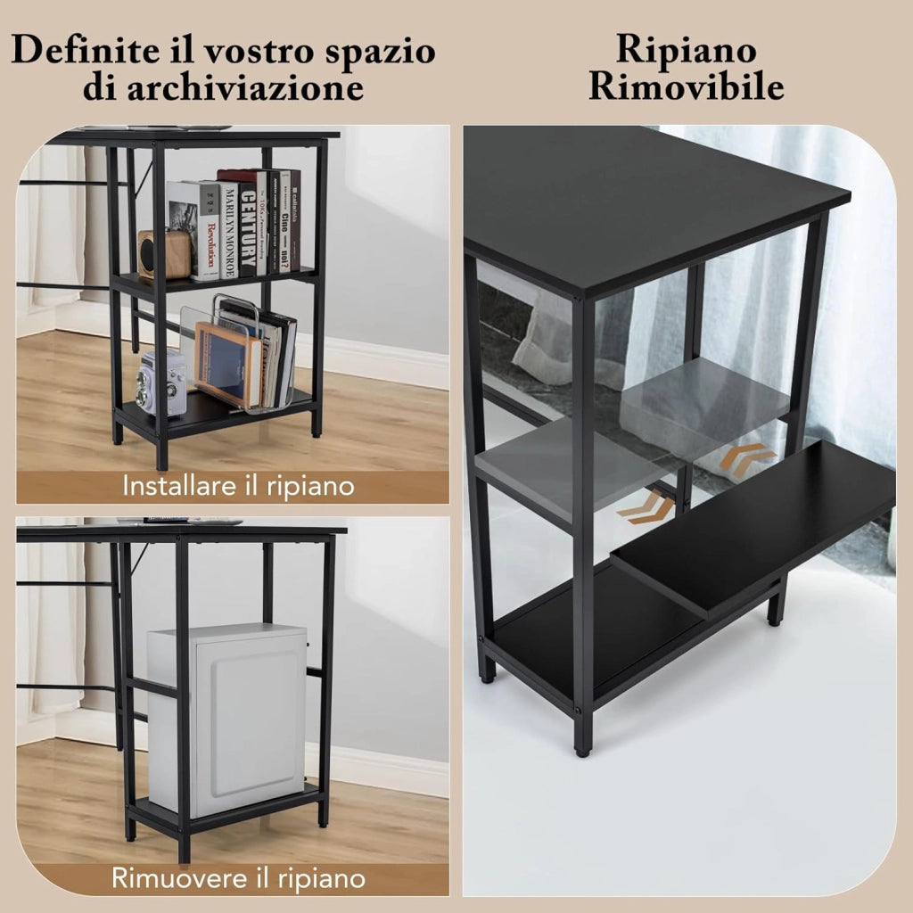 Scrivania Angolare 138 CM, Scrivania ad Angolo con 2 Prese, 2 Porte USB, Telaio in Acciaio al Carbonio e Ripiano a 2 Livelli Rimovibile, Scrivania Salvaspazio da Ufficio e Casa (Nero)