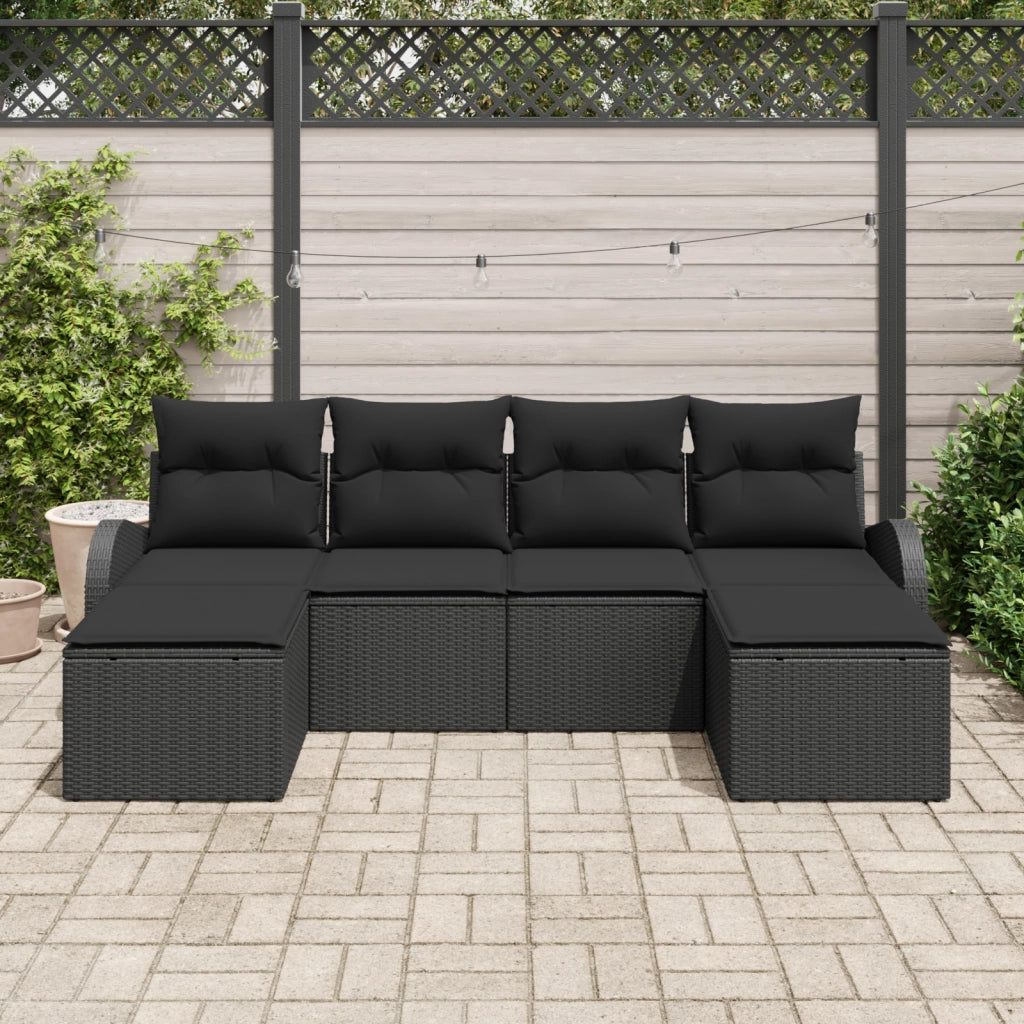 Set di divani da giardino da 6 pezzi con cuscini in polyrattan nero