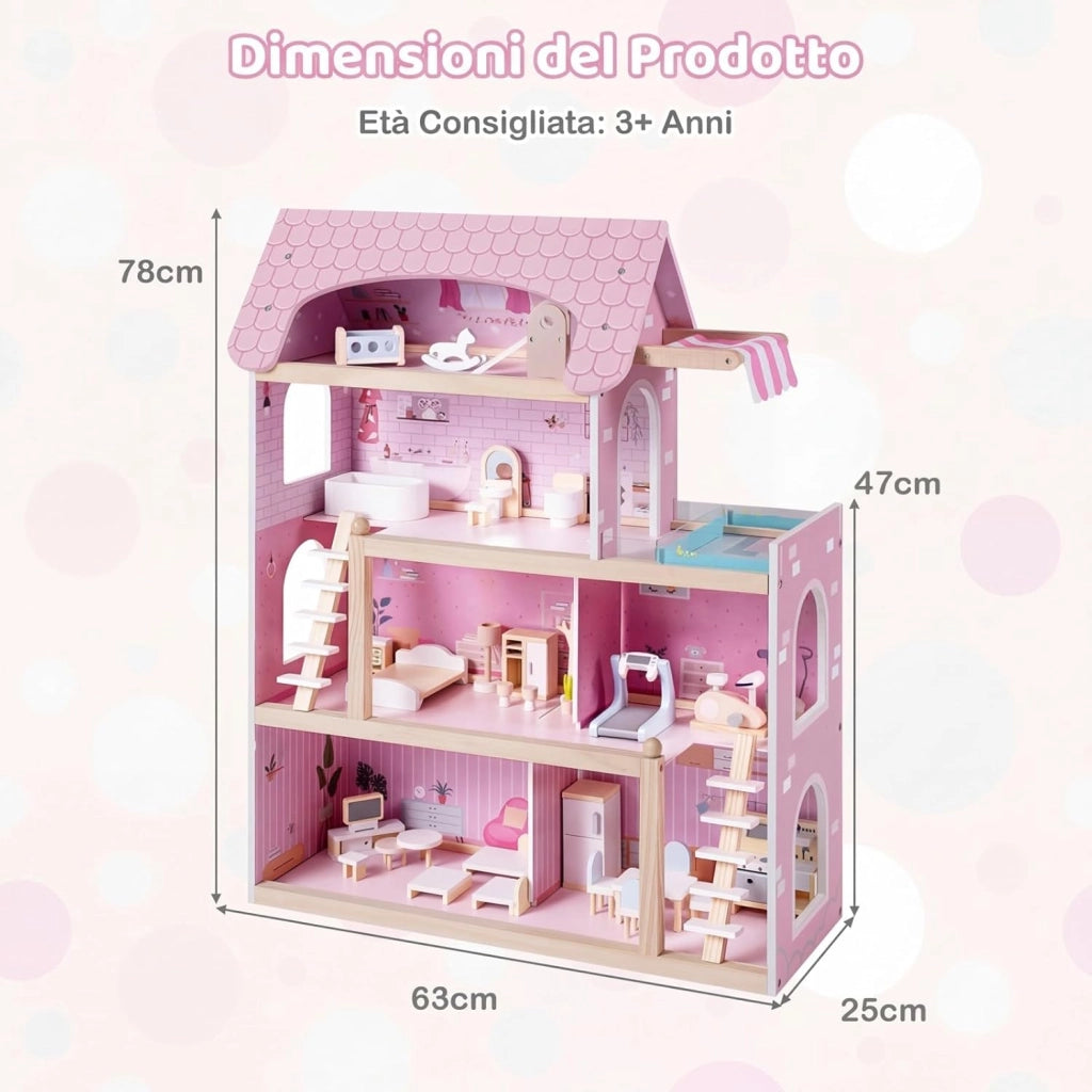 Casa delle Bambole in Legno, Casa Bambole con 4 Piani, 6 Stanze, Terrazza, Piscina e Scale, Casetta Giocattolo Educativo con 33 Mobili Accessori, per Bambini 3+ Anni, 63 x 25 x 78 cm (Rose)