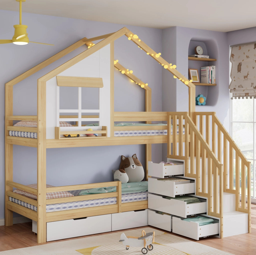 Letto a castello per bambini 90x200 cm con cassetti e scala contenitore