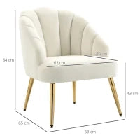 Poltrona in Velluto Imbottita con Schienale a Conchiglia e Gambe in Acciaio per Camera e Salotto, 63x65x84cm, Crema