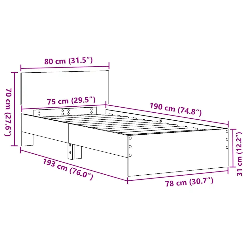 Struttura del letto Rovere Nero 75 x 190 cm Legno multistrato 871662