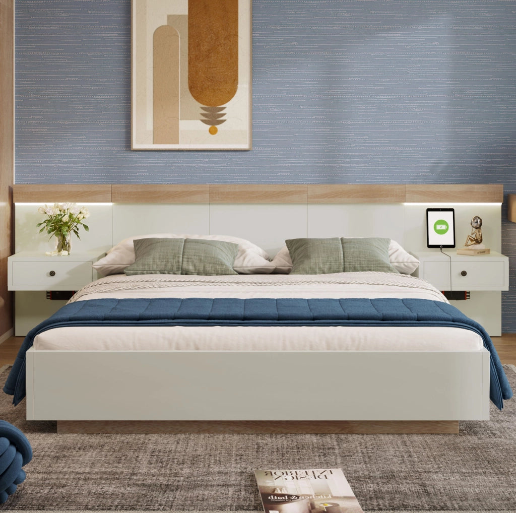 Letto matrimoniale 180x200 cm con LED, USB-C e comodini