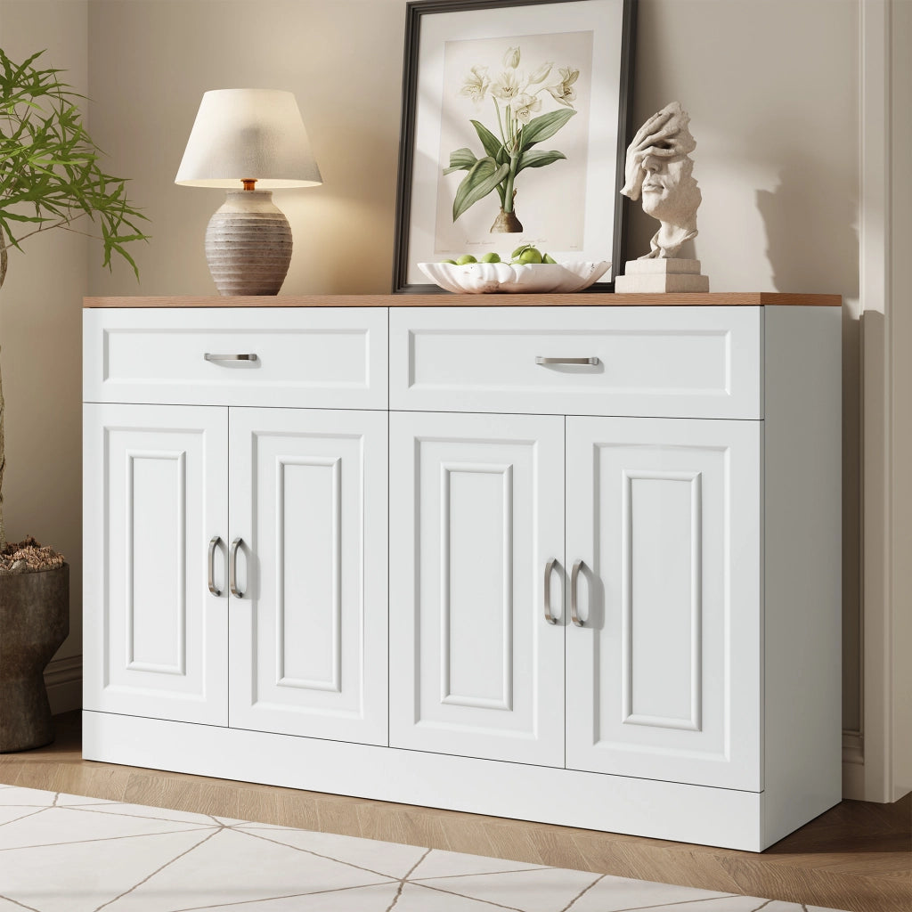 Credenza con 4 Ante; 2 Cassetti e Ripiani Regolabili; Stile Moderno; in Pannelli di Truciolare; Bianco; 120??35??80;5 cm