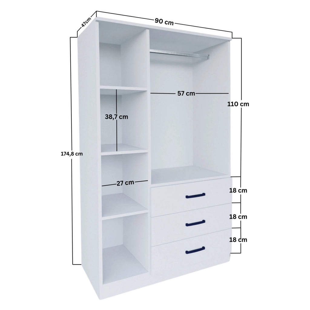 Armadio Camera da Letto Valdengo, Guardaroba 3 Ante 3 Ripiani, 90x47 cm Bianco