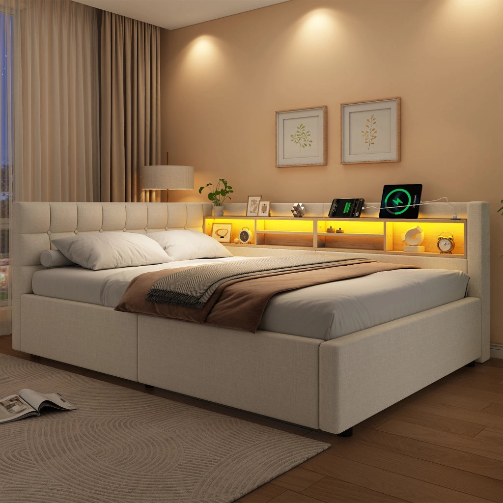 Letto matrimoniale contenitore 140x200 cm con sollevamento idraulico; LED; testiera con ripiano e USB; beige