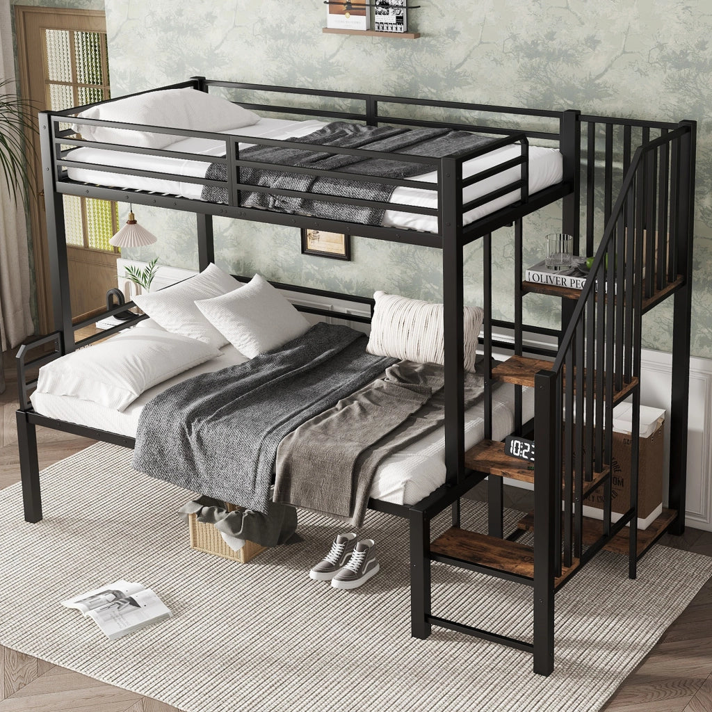 OKWISH Letto a Castello 90×200 cm e 120×200 cm, Letto 3 Posti con Scala ad Angolo, Contenitore e Sponde, senza Materasso