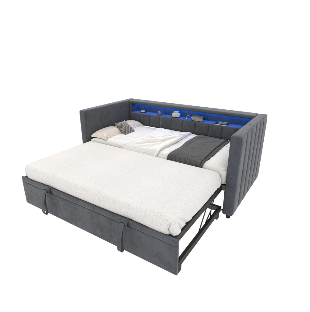 Divano letto estraibile in velluto con LED, USB-C e contenitore