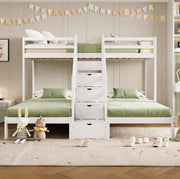 Letto a castello triplo 90x200 cm in pino con scala contenitiva e sponde, bianco
