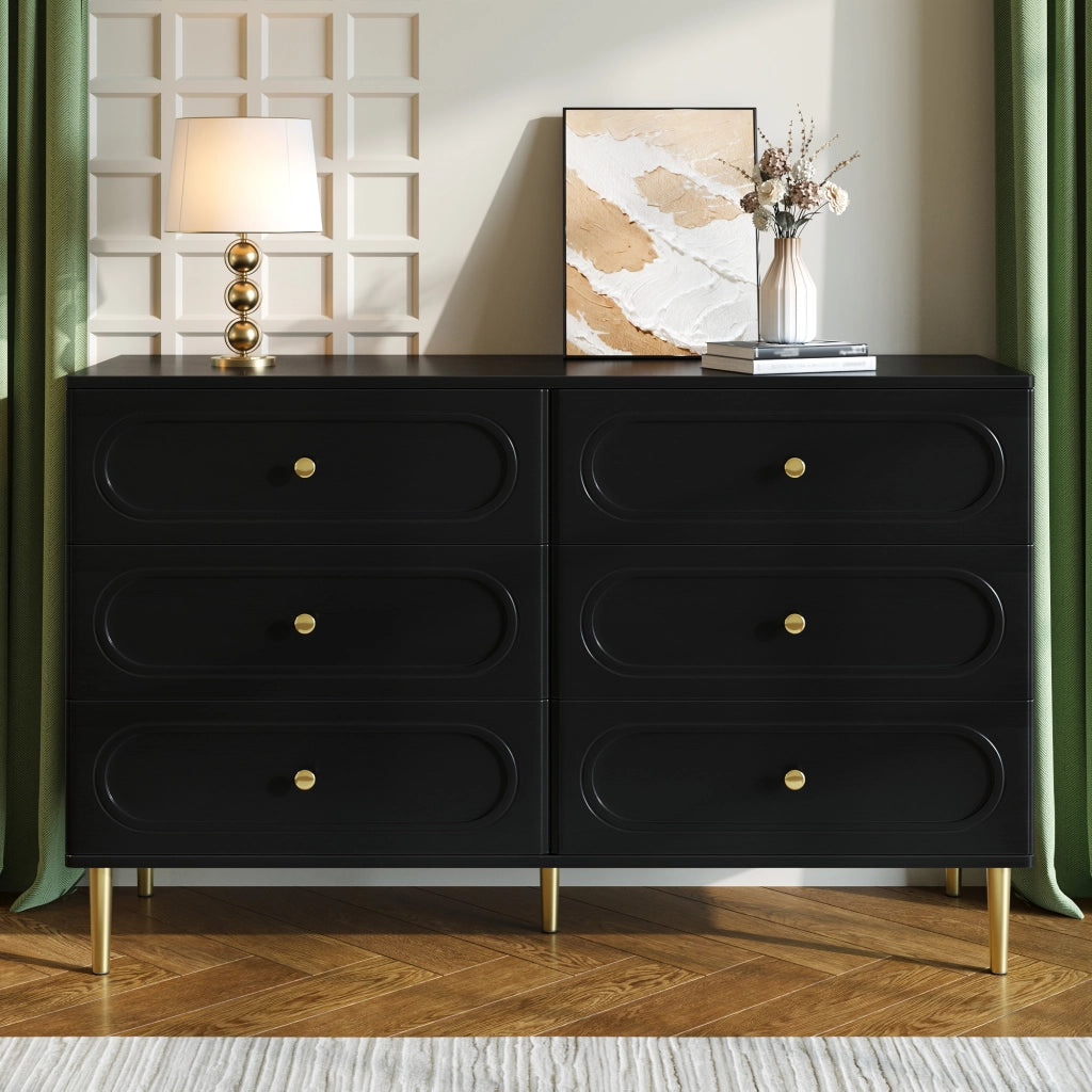 Credenza con 6 cassetti e piedi in metallo per soggiorno e ingresso, design con incisioni ovali, nero, 120 × 40 × 75 cm