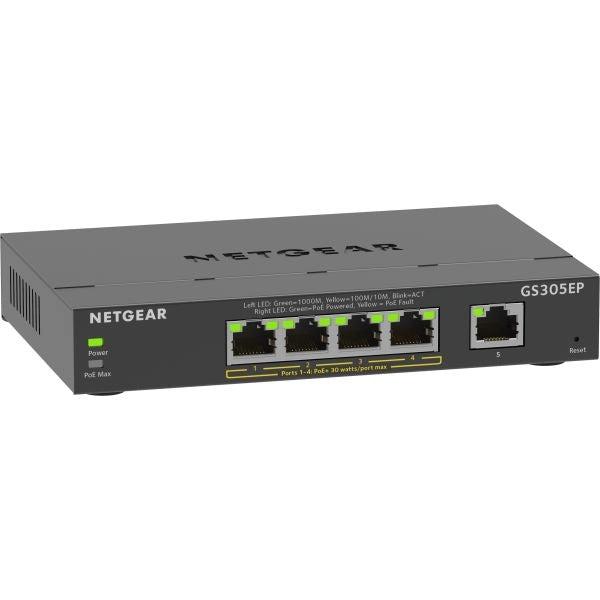 Netgear 5-port gigabit ethernet poe+ plus switch (gs305ep) gestito l2/l3 gigabit ethernet (10/100/1000) supporto power over ethernet (poe) nero - GS305EP-100PES