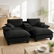 Divano modulare con portabicchieri, vano contenitore e USB, 2 pouf e 2 cuscini in ciniglia Nero
