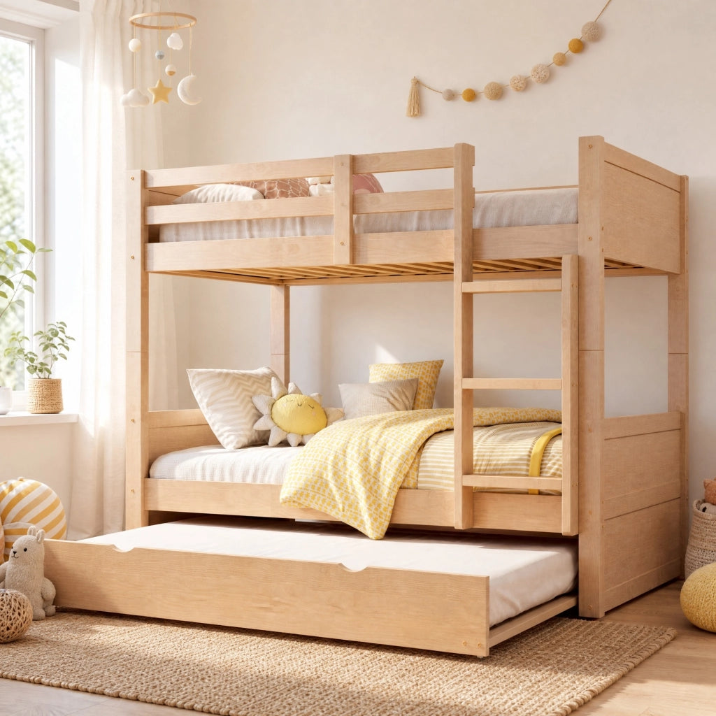 Letto a castello 90x200 cm in legno con letto estraibile; trasformabile in due letti singoli; colore legno
