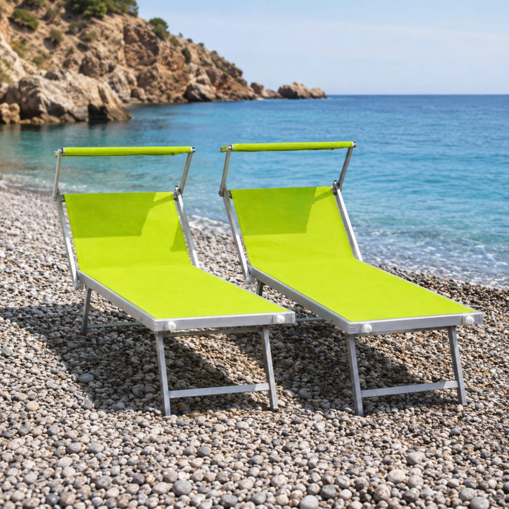 Set 2 Lettini Prendisole Pieghevoli Professionali In Alluminio Leggero Con Tettuccio Parasole Regolabile Sdraio Relax Mare Spiaggia Piscina Giardino Terrazza 182 x 60 x 38 Cm Verde Fluo