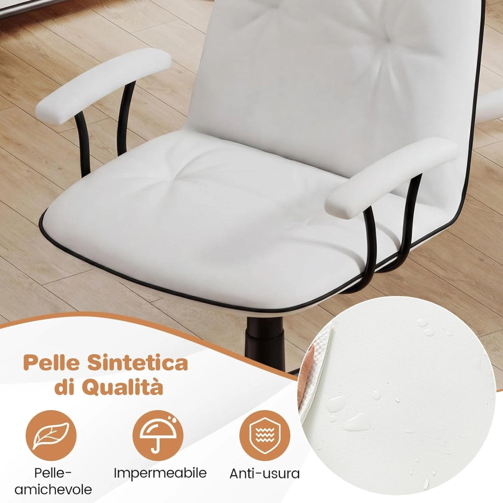 Sedia Ufficio Ergonomica con Altezza Regolabile, Poltrona Scrivania Girevole, Sedia con Braccioli Imbottiti e Ruote, Funzione Dondolo, per Ufficio Scrivania Studio (Bianco)