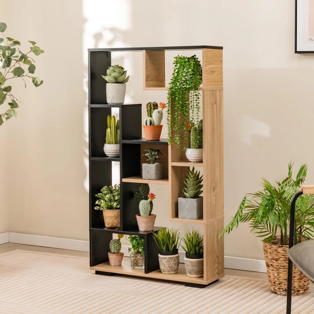 Libreria Geometrica 120 cm, Scaffale per Libri con Ripiani Aperti, Scaffale da Esposizione Moderno con Kit Anti-ribaltamento, Ideale per Casa Ufficio o Soggiorno (Nero+Marrone)