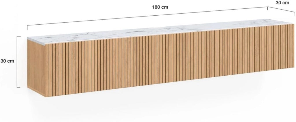 Mobile TV sospeso JULIETTE 180 cm con 2 ante, piano effetto marmo, doghe in legno color rovere