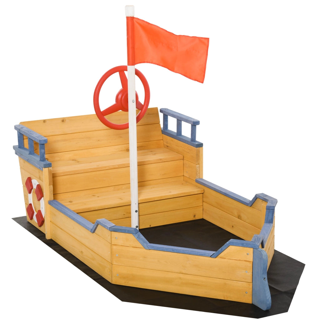 EasyComfort Sabbiera per Bambini in Legno a Forma di Nave dei Pirati con Vano Contenitore, 158x78x45.5 cm
