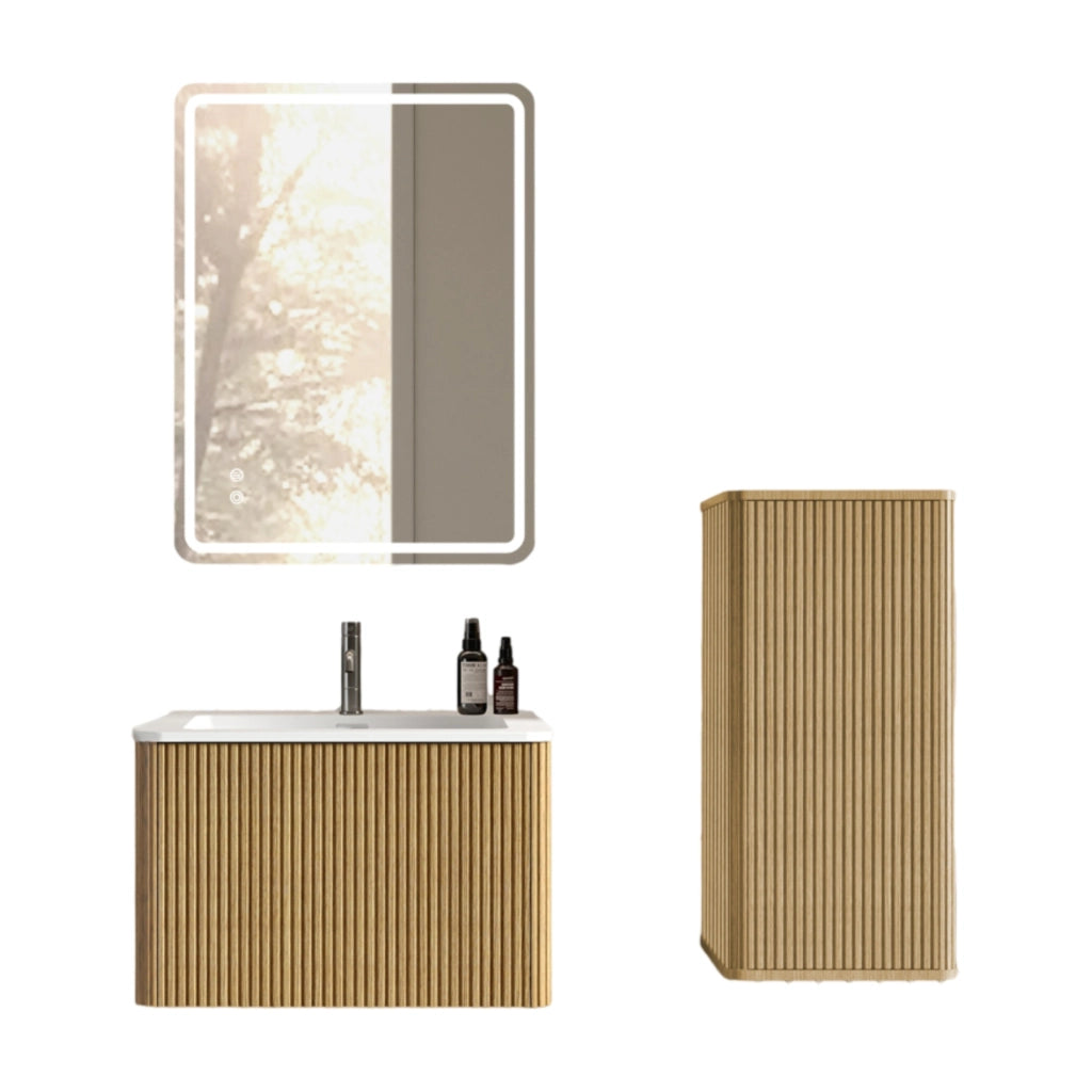 Set mobili bagno sospeso rovere con lavabo; specchio LED e colonna