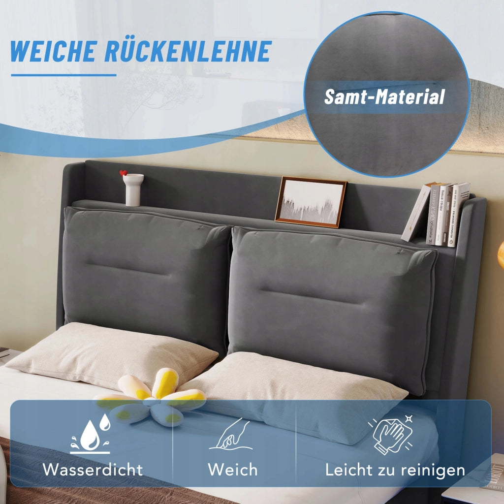 Letto imbottito 160x200 LED - Xylo - Grigio, velluto