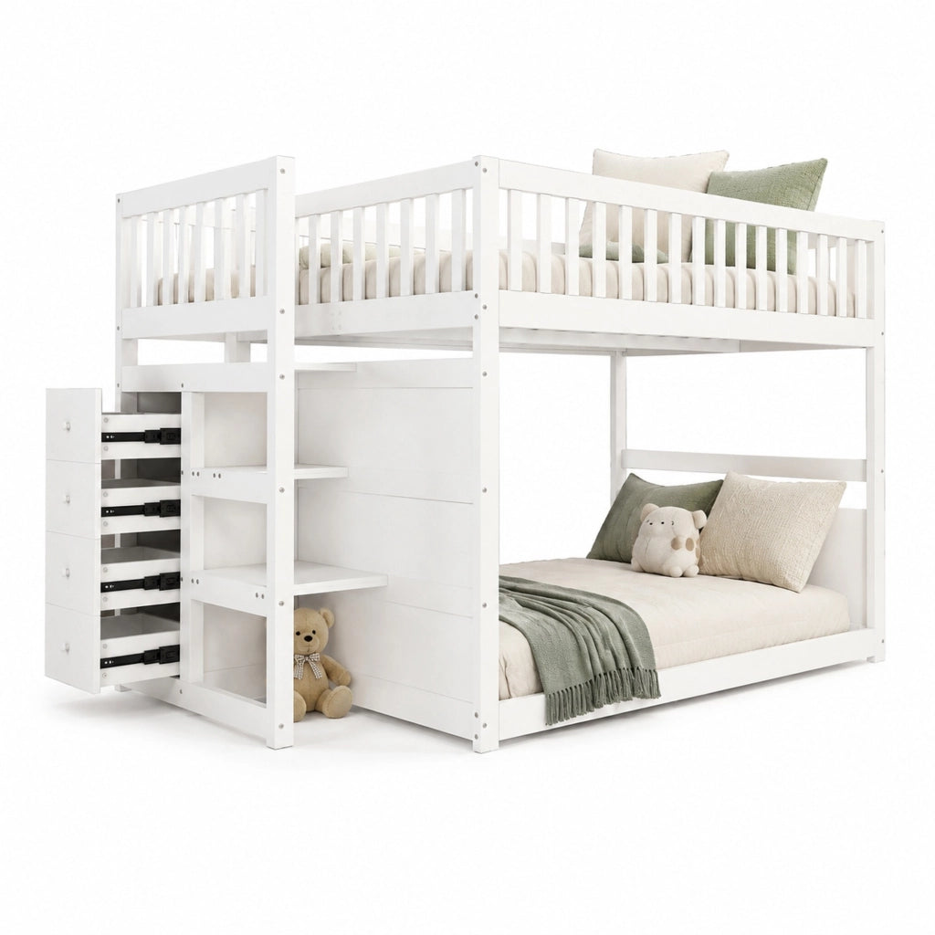 LETTO A CASTELLO BASSO 140x200 cm in legno bianco con 4 cassetti