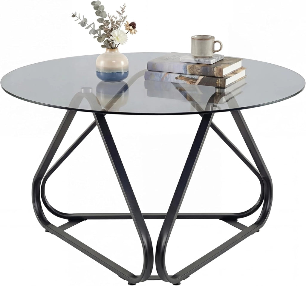 Tavolino Salotto Rotondo in Vetro Temperato Ø 80 cm, Tavolino da Caffè, Divano, Tavolo Soggiorno Basso Moderno, con Struttura Triangolare in Metallo, Montaggio Facile (Dorato)