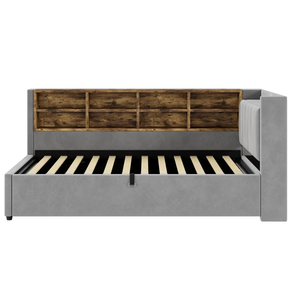 Letto imbottito singolo 90×200 cm con contenitore; luce notturna; USB; Type-C e ripiani; senza materasso; velluto; grigio