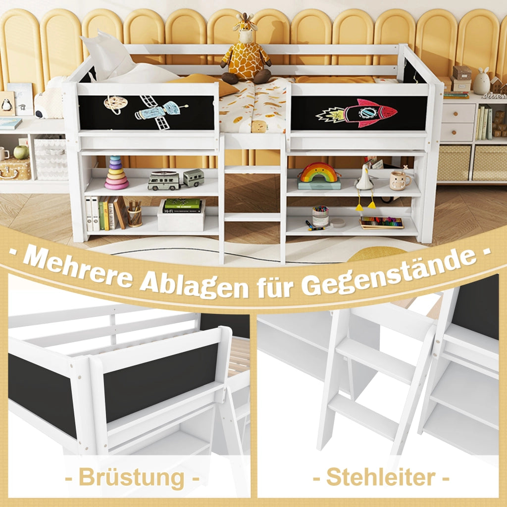 DESMIU Letto Bambino Semialto 1 Posto con Ripiani, Sponde e Scala 90 × 200 cm, senza materasso, Bianco