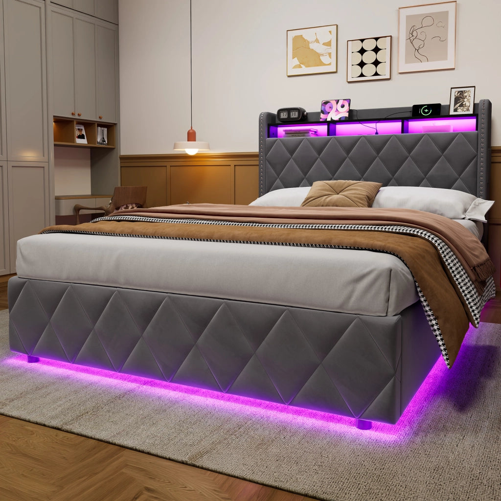 Letto matrimoniale imbottito contenitore grigio scuro 140x200 cm con LED e dock USB