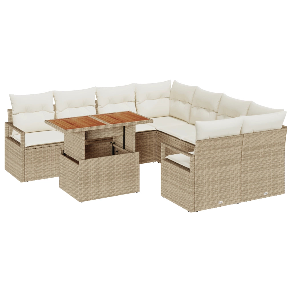Set Divano da Giardino Beige con Cuscini 9 Pezzi Poly Rattan