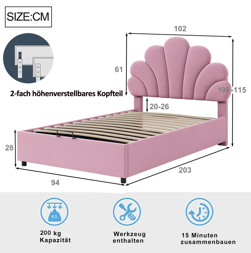Letto singolo imbottito 90x200 cm in velluto rosa con contenitore idraulico e testiera decorativa