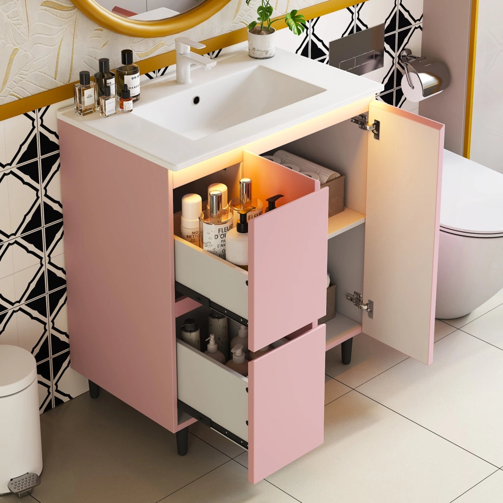 Mobile bagno con 2 cassetti e lavabo integrato; LED e piedini alti per bagno; rosa; 76×47×89 cm