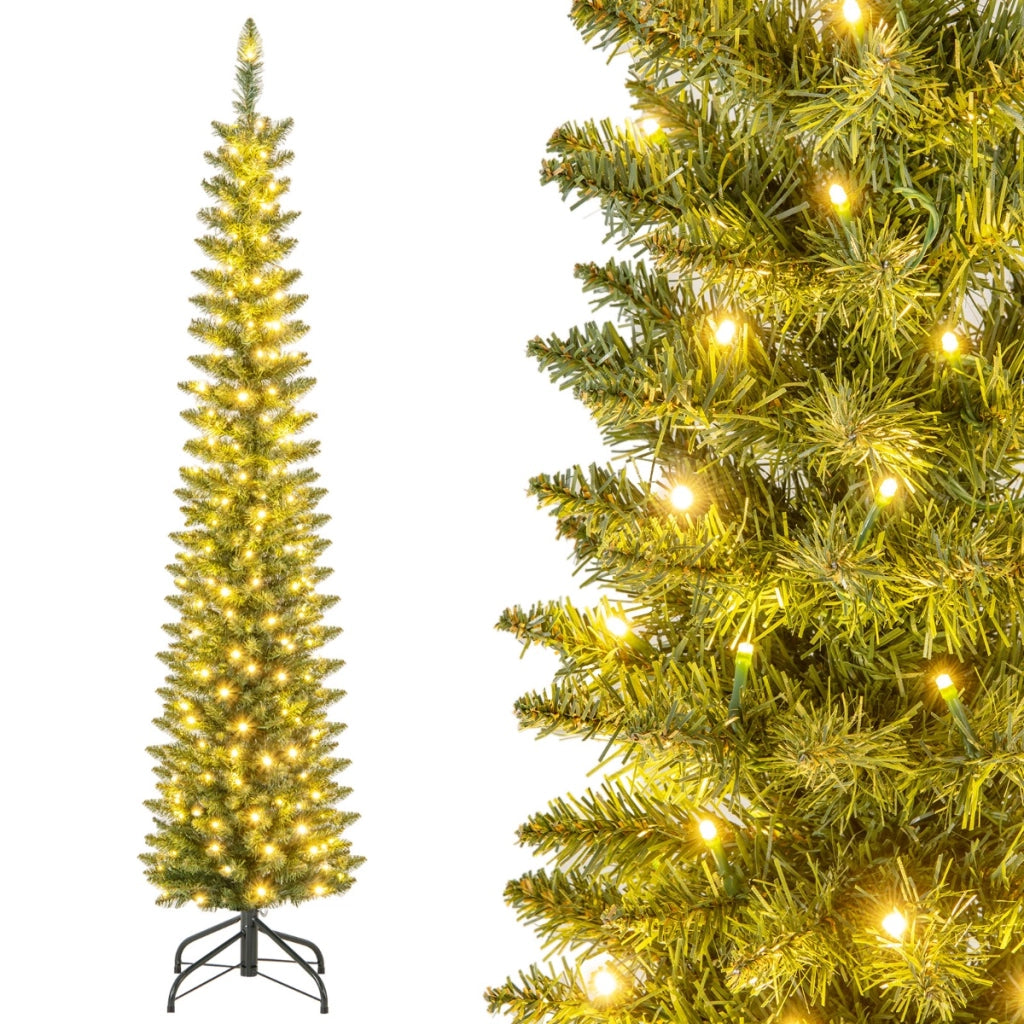 Albero di Natale artificiale da 180cm, Albero di Natale slim decorativo con luci led bianche calde per casa negozio-Alberi di Natale