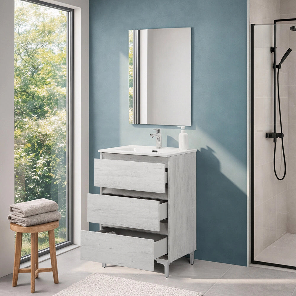 Mobile bagno a terra 60 cm in quercia bianca con lavabo Leda