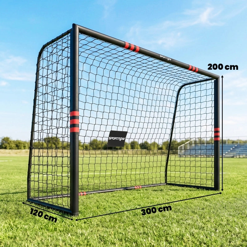 Porta da calcio da giardino con rete telaio imbottito e ancoraggi in metallo verniciato nero e rosso 300 × 200 cm
