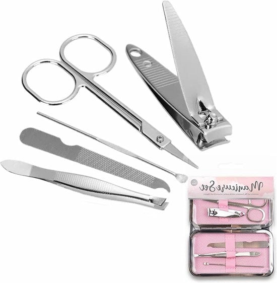 Set di Manicure in Acciaio Inox - Rimuente Cuticola, Limatore Unghie, Pinza, Pusher, Forbici e Taglierino per Unghie - Custodia da Viaggio - Pacchetto da 5 pezzi