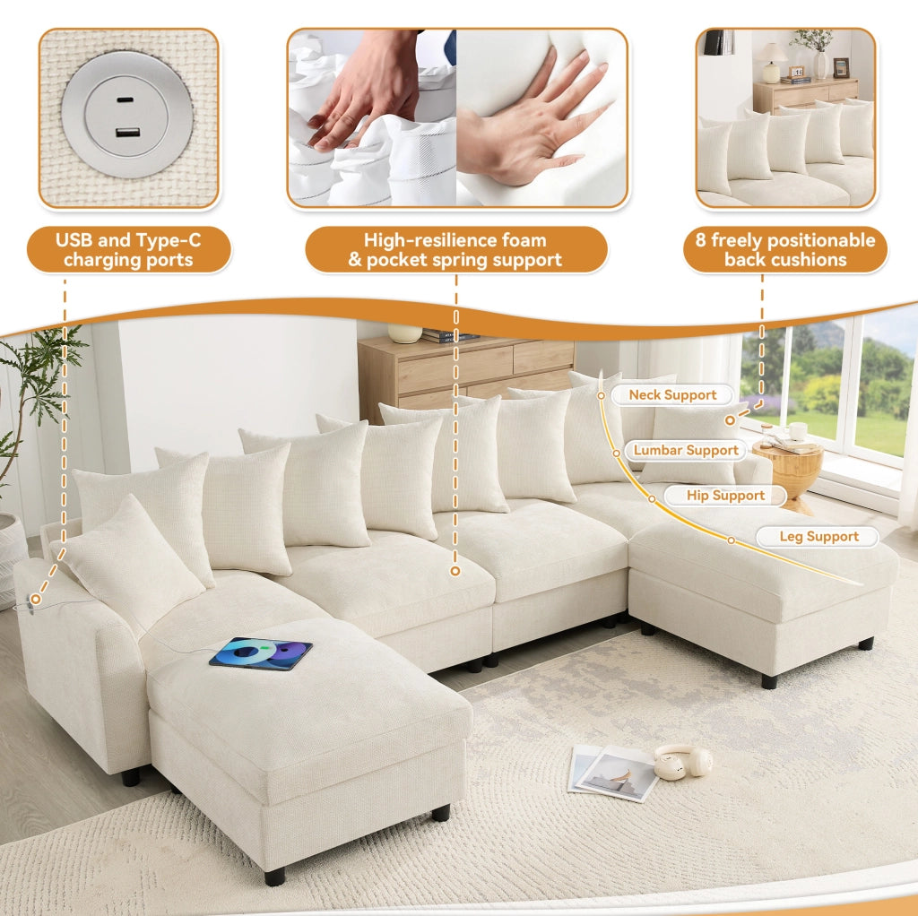 Divano angolare modulare 6 posti a U/L con 2 pouf; USB e Type-C; ciniglia beige