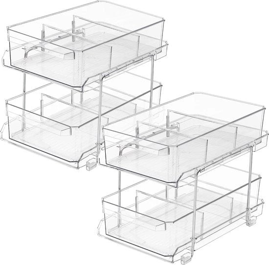 Organizzatore di vasca da bagno con 2 livelli & pareti divisorie rimovibili [confezione da 2 pezzi] - tavolo da sotto vasca trasparente in plastica per cucina, bagno, sala da pranzo
