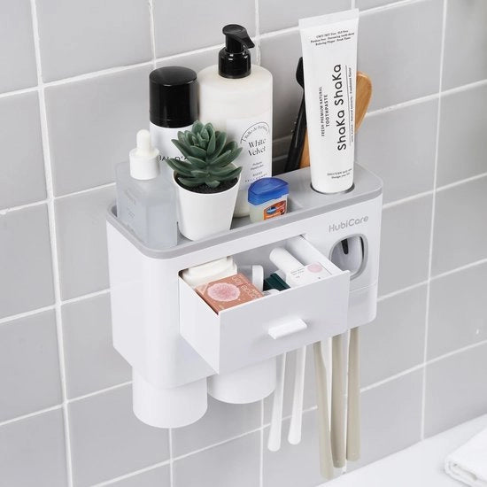 Supporto da toeletta con dispensatore di dentifricio e spazzola da denti a muro con 5 alloggi per spazzole e 1 cassetta cosmética (2 tazze)