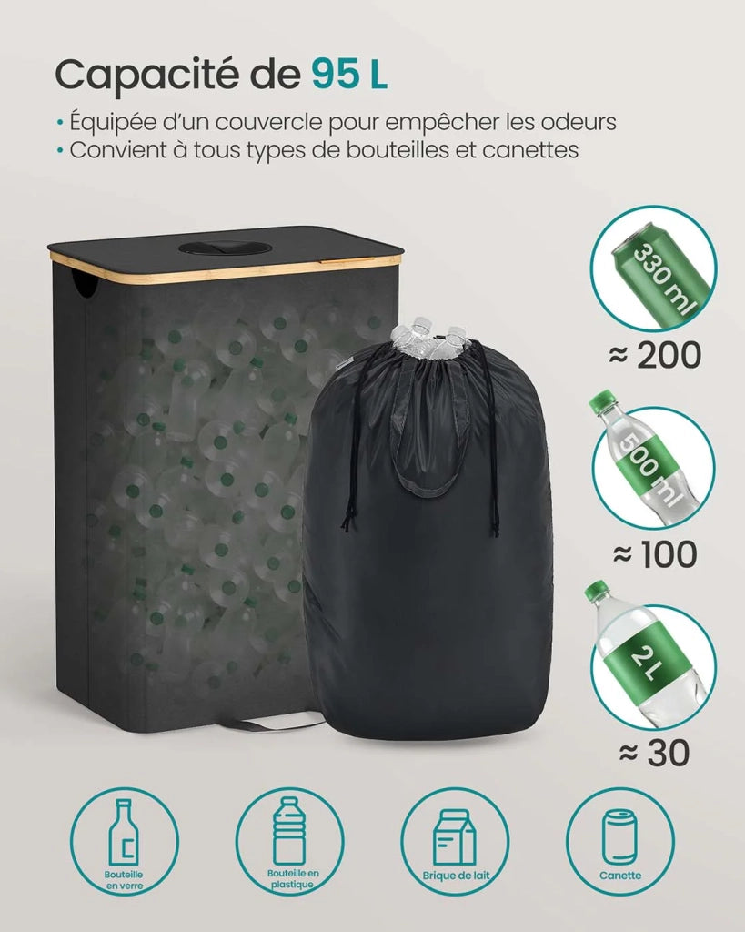Contenitore per la raccolta differenziata da 95 litri per bottiglie e lattine contenitore per imballaggi per bevande con foro coperchio borsa con manici cucina nero 12_0007251