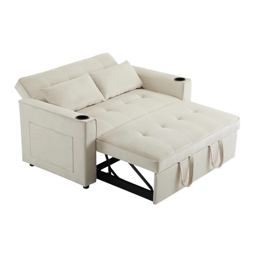 Divano letto multifunzione con portabicchieri e tasche in velluto beige