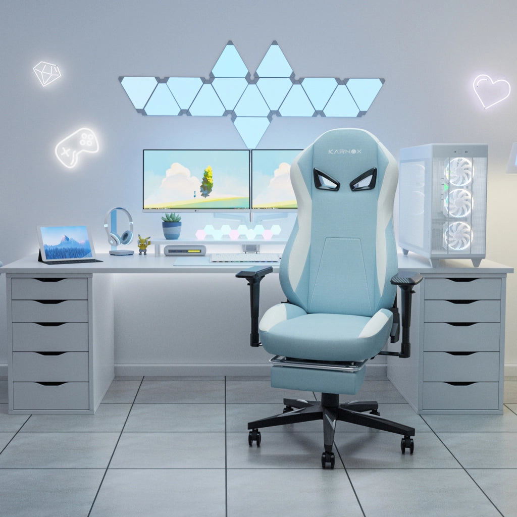 Sedia da ufficio ergonomica in tessuto con poggiapiedi supporto lombare e poggiatesta azzurro chiaro reclinabile