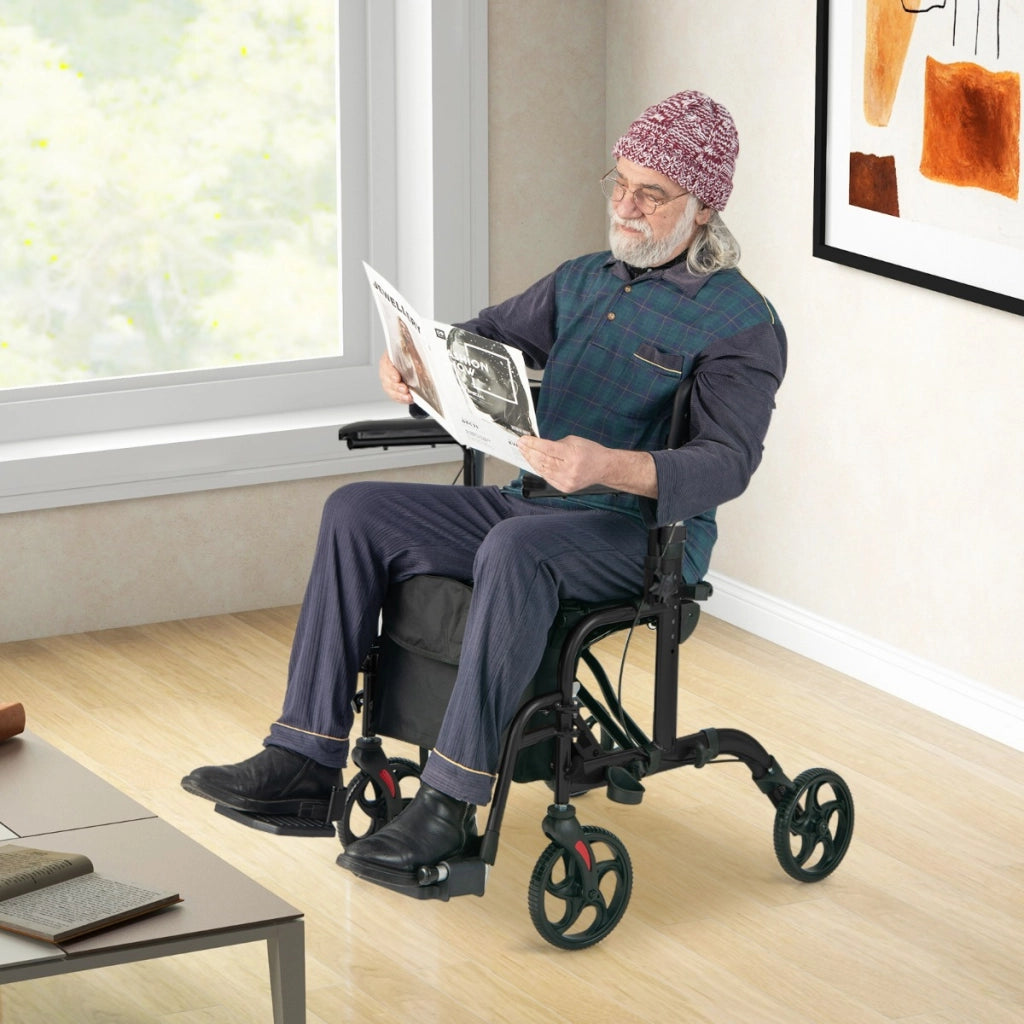 Deambulatore 2-in-1 con ausilio per camminare pieghevole e sedile grande-Deambulatore porta ombrello e borsa per persone con disabilit¨¤ Nero