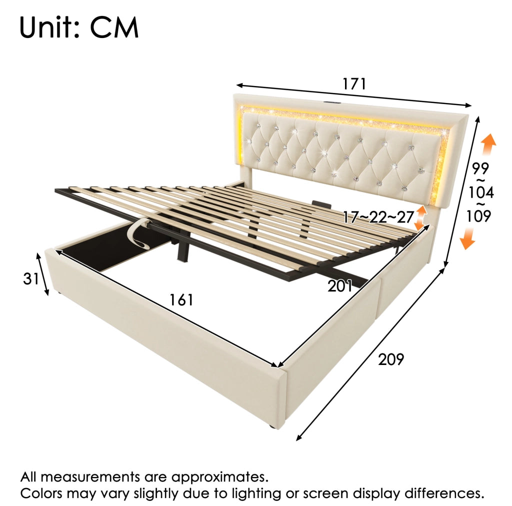 Letto matrimoniale 160x200 cm in velluto beige con contenitore; LED; USB e USB-C