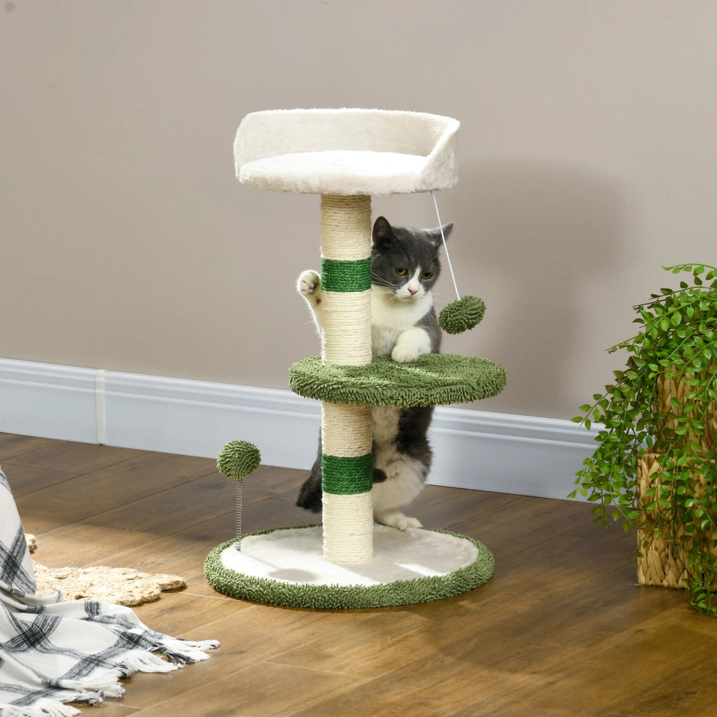 Albero Tiragraffi per Gatti con Lettino Piattaforma e Palo Sisal Verde e Bianco