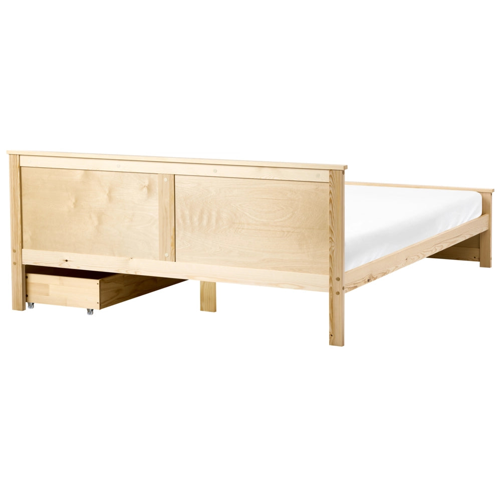 Letto matrimoniale con 2 cassetti in legno marrone chiaro stile 180 x 200 cm con testiera in stile scandinavo